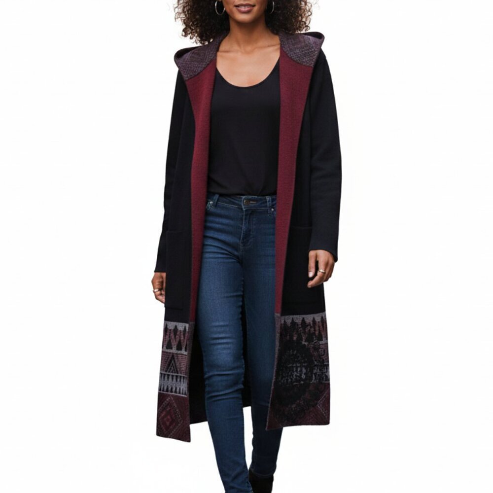 Desigual Mandala Patterned Hooded Long Cardigan – Black & Burgundy, XS, NWOT